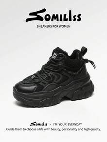 somiliss 女式保暖内衬高帮休闲运动鞋，系带前部，厚底，保暖内衬，时尚雪地靴，冬季，黑色 - 黑色 - 查看 2