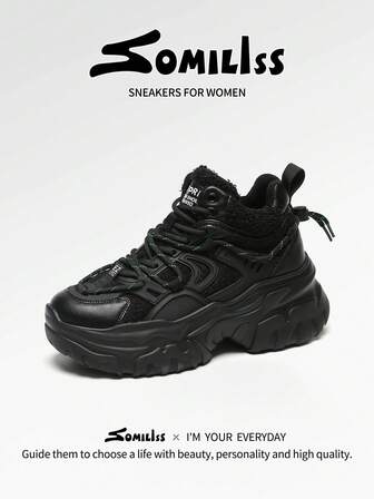 somiliss Zapatillas casuales de mujer con forro térmico, cordones delanteros, suela gruesa, forro térmico, botas de nieve de moda, invierno, negro