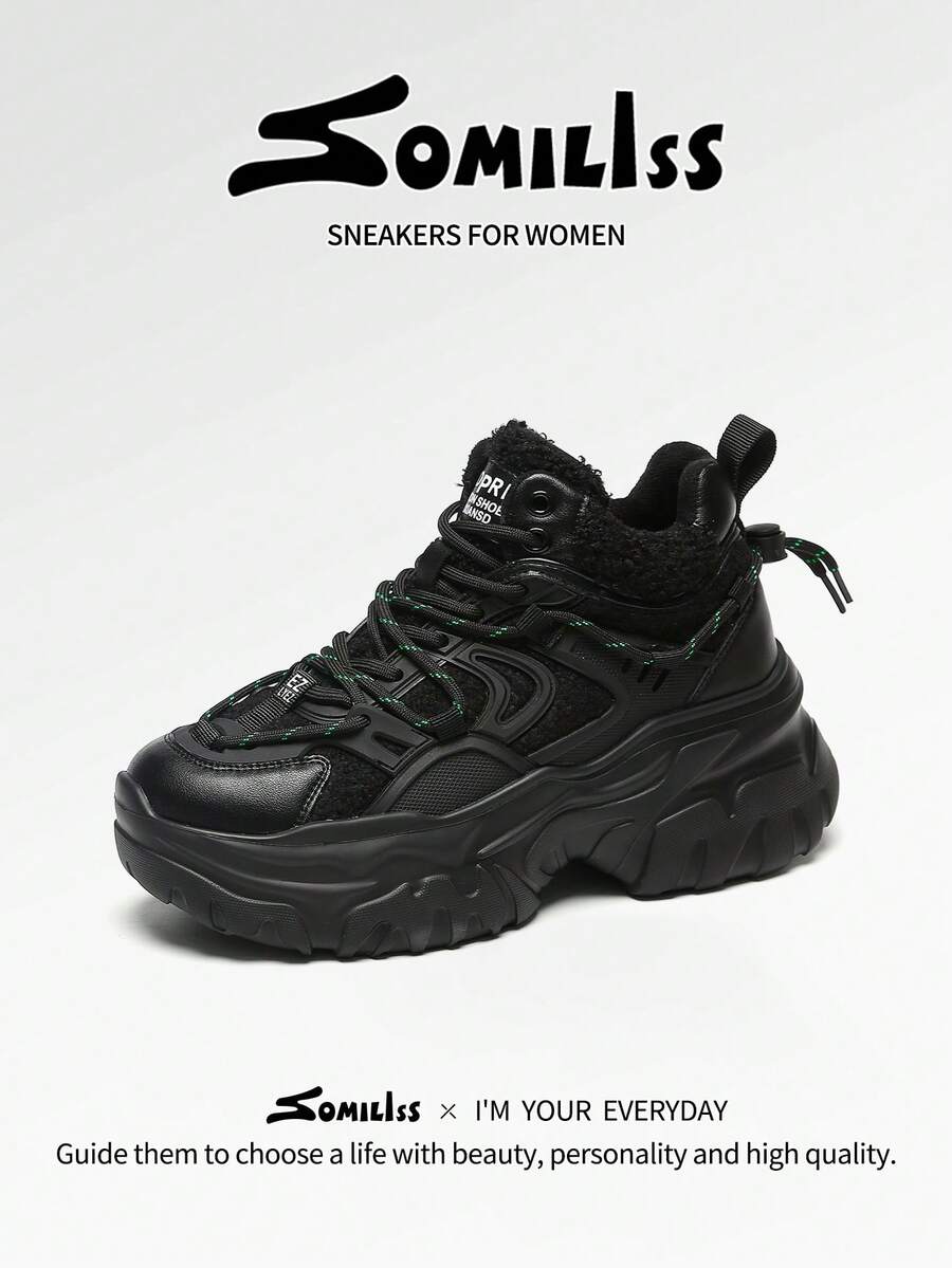 somiliss 女式保暖内衬高帮休闲运动鞋，系带前部，厚底，保暖内衬，时尚雪地靴，冬季，黑色