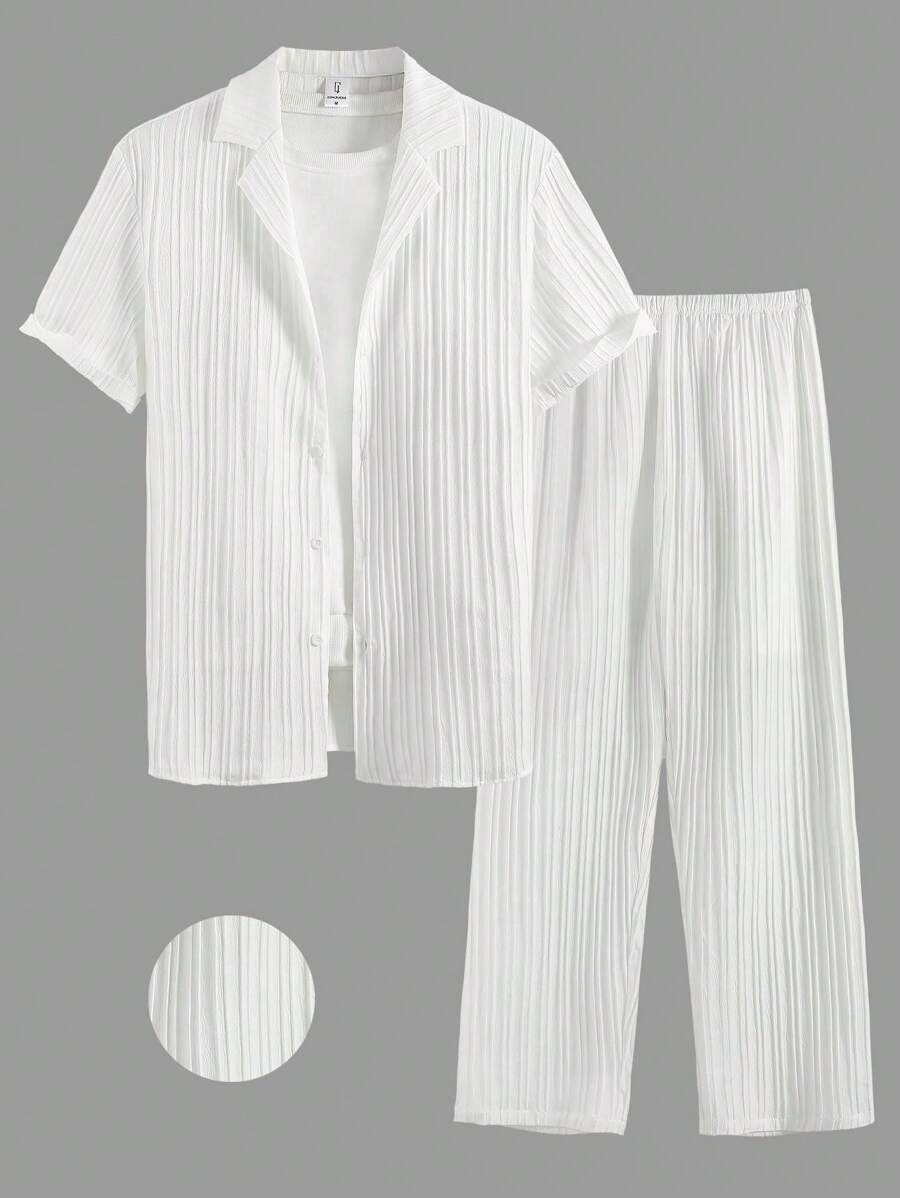 男士波浪纹条纹短袖 T 恤和裤子家居服套装 - 白色 - 查看 1