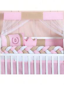 Kit Berço Bebe Para  Berço Americano E Nacional Completo Serve Para Berço Com Couchão 130CM X 70CM Envio Rapido - Coroa Realeza Rosa SLIM LB - Visão 2