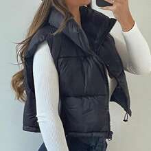 Women Winter Cropped Puffer Vest Lightweight Sleeveless Warm Stand Neck Zipper Outerwear Casual Jacket - màu đen - Xem 2