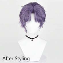 动漫游戏角色扮演短紫色合成直发假发中分蓬松耐热假发适合日常聚会 - 紫色 - 查看 3
