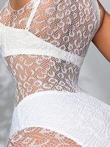 可手撕豹纹性感内衣露胸透视比基尼中袖连体衣女网纱比基尼罩衫