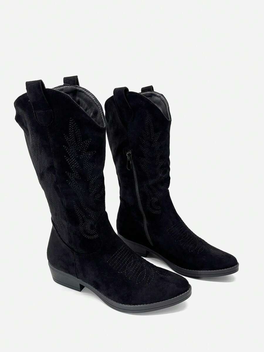 Western Embroidered Cowboy Mid-Calf Boots - Black - View 1