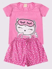 Girls Summer Pajamas With Owl Blouse And Shorts - Bụi hồng - Xem 2