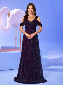UNITHORSE Váy cổ chữ V không tay có chi tiết xếp nếp ở ngực và trang trí bằng sequin, thanh lịch và duyên dáng cho tiệc khiêu vũ và tiệc tối, váy dạ hội trang trọng, cho khách dự tiệc cưới, tốt nghiệp, tiệc tối - Màu tím - Xem 7