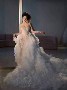 Multilayer Ruffled Cake Skirt Detachable Luxury Wedding Dress With Dramatic Train, Versatile European And American Bridal Style Valentine's Day Accessories - White - View 1