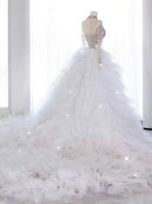 Multilayer Ruffled Cake Skirt Detachable Luxury Wedding Dress With Dramatic Train, Versatile European And American Bridal Style Valentine's Day Accessories - White - View 3