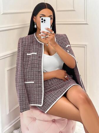 Women's Elegant French Style Contrast Trim Tweed Jacket & Mini Skirts Set Two Pieces