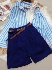 Women's Linen Shorts/Plinsaso/With Belt Loops/Knife Pocket/Comes With Belt - Màu xanh hải quân - Xem 1