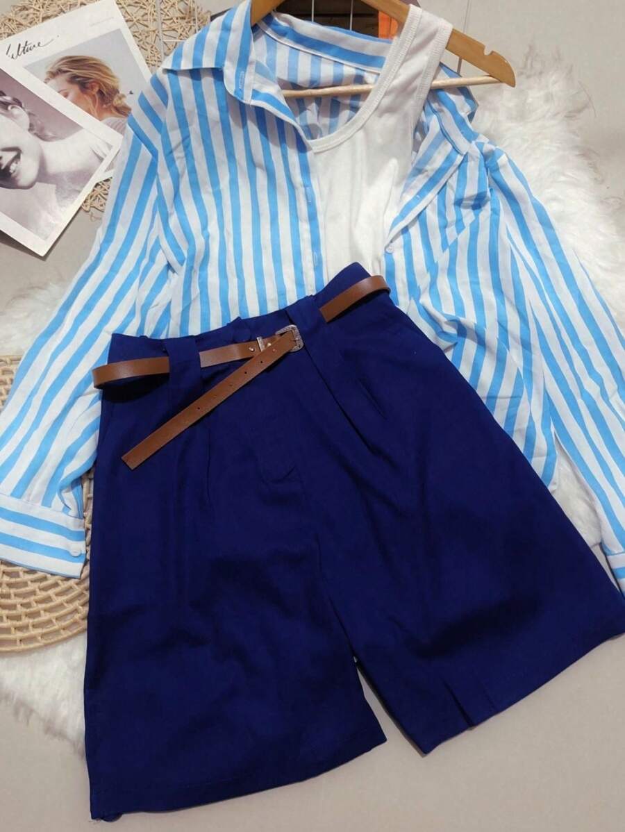 Women's Linen Shorts/Plinsaso/With Belt Loops/Knife Pocket/Comes With Belt - Màu xanh hải quân - Xem 1