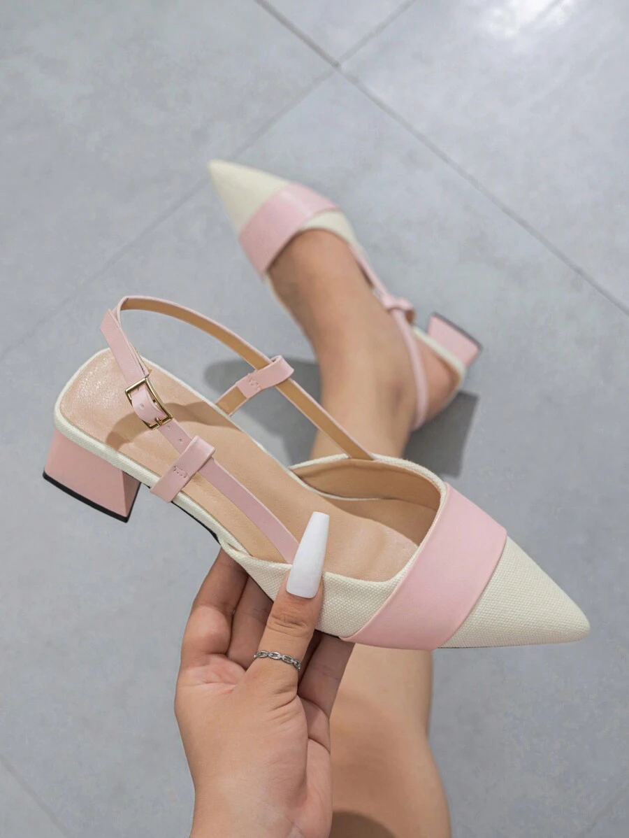Women's Closed Toe Contrast Color Chunky Heel Pumps, Elegant For Daily Wear, Commuting, Family Gatherings, Festivals, Outdoor Shopping, Suitable For Spring, Summer, Autumn And Winter, Pink High Heels Match With Formal Outfits