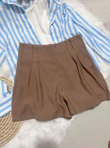 Women's Plain Marrant Shorts With Belt - Coffee Brown - View 2