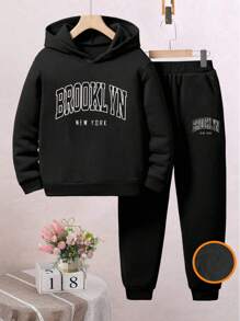 青少年女孩休闲趣味印花圆领套头连帽衫和保暖衬里裤子套装，秋冬 - 黑色 - 查看 2