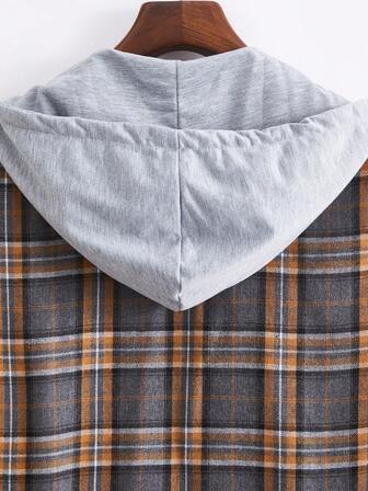Men's Plaid Contrast Color Drawstring Hooded Shirt, Fall, Long Sleeve Top
