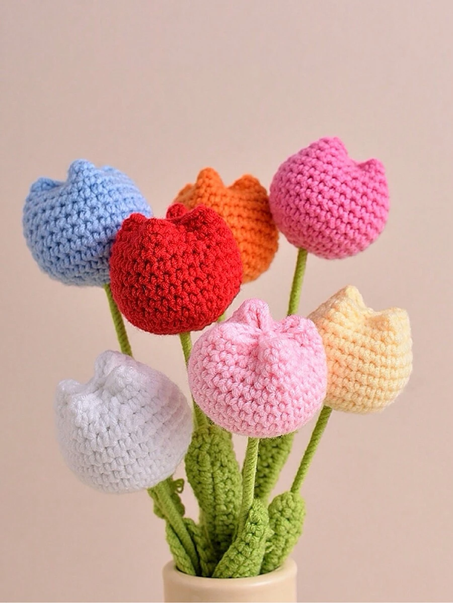 1 件针织郁金香人造花，手工针织钩针假花，家居装饰，适合节日礼物、生日礼物、送给爱人的礼物 - 彩色 - 查看 1