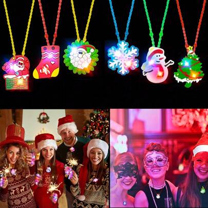 1PC/6PCS/12PCS LED Light Necklace Christmas Party Favorite Santa Claus Christmas Tree Snowman Night Light Party Supplies Christmas Decorations, Most Popular Halloween Happy Candy Bag Filling Birthday Gift Supplies (Style Random)