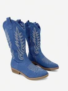 Western Embroidered Cowboy Mid-Calf Boots - Blue - View 1
