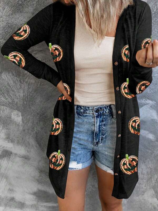Sequined Halloween Grimace Graphic Button Front Long Sleeve V Neck Cardigan