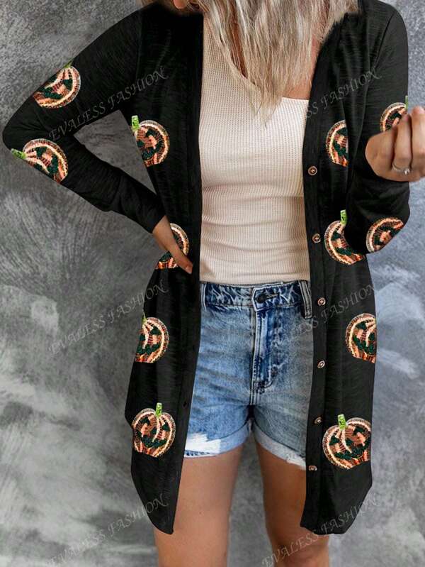 Cardigan à manches longues, col en V, boutonnage devant avec motif grimace Halloween pailleté