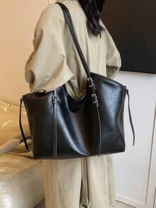 高品质简约纯色时尚潮流大容量单肩包，日常实用多功能通勤购物手提包，小巧设计感十足复古优雅女士手提包 - 黑色 - 查看 6