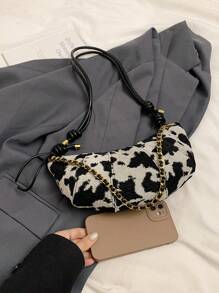 low tea 1 件女式拼色针织面料单肩包，复古风格绗缝拼布半月形包，带金属链装饰可调节肩带拉链开合，适合日常和户外使用