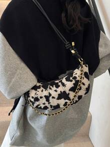 low tea 1 件女式拼色针织面料单肩包，复古风格绗缝拼布半月形包，带金属链装饰可调节肩带拉链开合，适合日常和户外使用