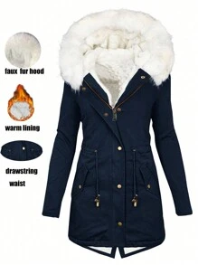 Damen lässiger Mantel mit Kordelzug-Taille, Kapuze und plüschigem Kragen, wattiert, für Herbst/Winter