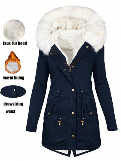 Women's Casual Drawstring Waist Long Sleeve Hooded Plush Collar Padded Coat, Autumn/Winter