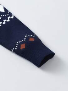 Tween Boy Geometric Color Block Knit Pullover Sweater, School Style Suitable For Spring, Autumn, Winter - Navy Blue - View 4