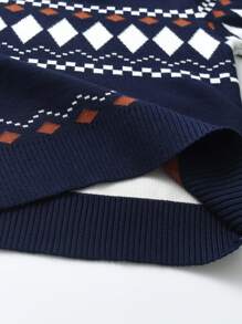 Tween Boy Geometric Color Block Knit Pullover Sweater, School Style Suitable For Spring, Autumn, Winter - Navy Blue - View 6