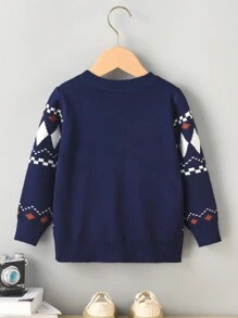 Tween Boy Geometric Color Block Knit Pullover Sweater, School Style Suitable For Spring, Autumn, Winter - Navy Blue - View 2