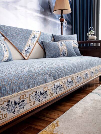 1 pieza Funda de sofá bordada de chenilla, 100% poliéster, apta para mascotas, se ajusta a sillón individual, sofá de 2/3/4 plazas y seccional, apta para sala de estar, dormitorio, oficina, todas las estaciones | Estilo chino moderno | Decoración para el hogar | Protector de sofá