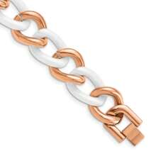 The Black Bow Rose Tone Stainless Steel & White Ceramic Curb Chain Bracelet, 8.25 In