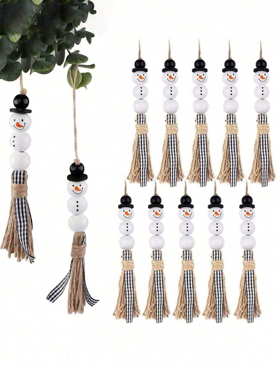 1 件雪人木珠花环圣诞树流苏木珠装饰，圣诞雪人木珠花环，圣诞雪人串珠挂饰，配黄麻绳流苏装饰，带帽子的木珠雪人，圣诞树装饰流苏 - 彩色 - 查看 1
