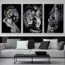 3pcs Frameless Canvas Posters, Black And White Lion Couple Portrait Painting, Canvas Wall Art, Artwork Wall Decor, Gifts For Bedroom, Office, Living Room, Cafe, Bar, Wall Decor, Home And Dorm Decoration Birthday Graduation
