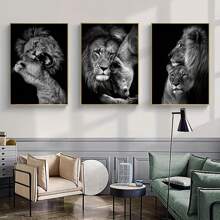 3pcs Frameless Canvas Posters, Black And White Lion Couple Portrait Painting, Canvas Wall Art, Artwork Wall Decor, Gifts For Bedroom, Office, Living Room, Cafe, Bar, Wall Decor, Home And Dorm Decoration Birthday Graduation
