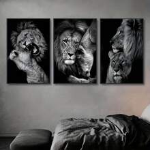 3pcs Frameless Canvas Posters, Black And White Lion Couple Portrait Painting, Canvas Wall Art, Artwork Wall Decor, Gifts For Bedroom, Office, Living Room, Cafe, Bar, Wall Decor, Home And Dorm Decoration Birthday Graduation