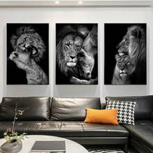 3pcs Frameless Canvas Posters, Black And White Lion Couple Portrait Painting, Canvas Wall Art, Artwork Wall Decor, Gifts For Bedroom, Office, Living Room, Cafe, Bar, Wall Decor, Home And Dorm Decoration Birthday Graduation
