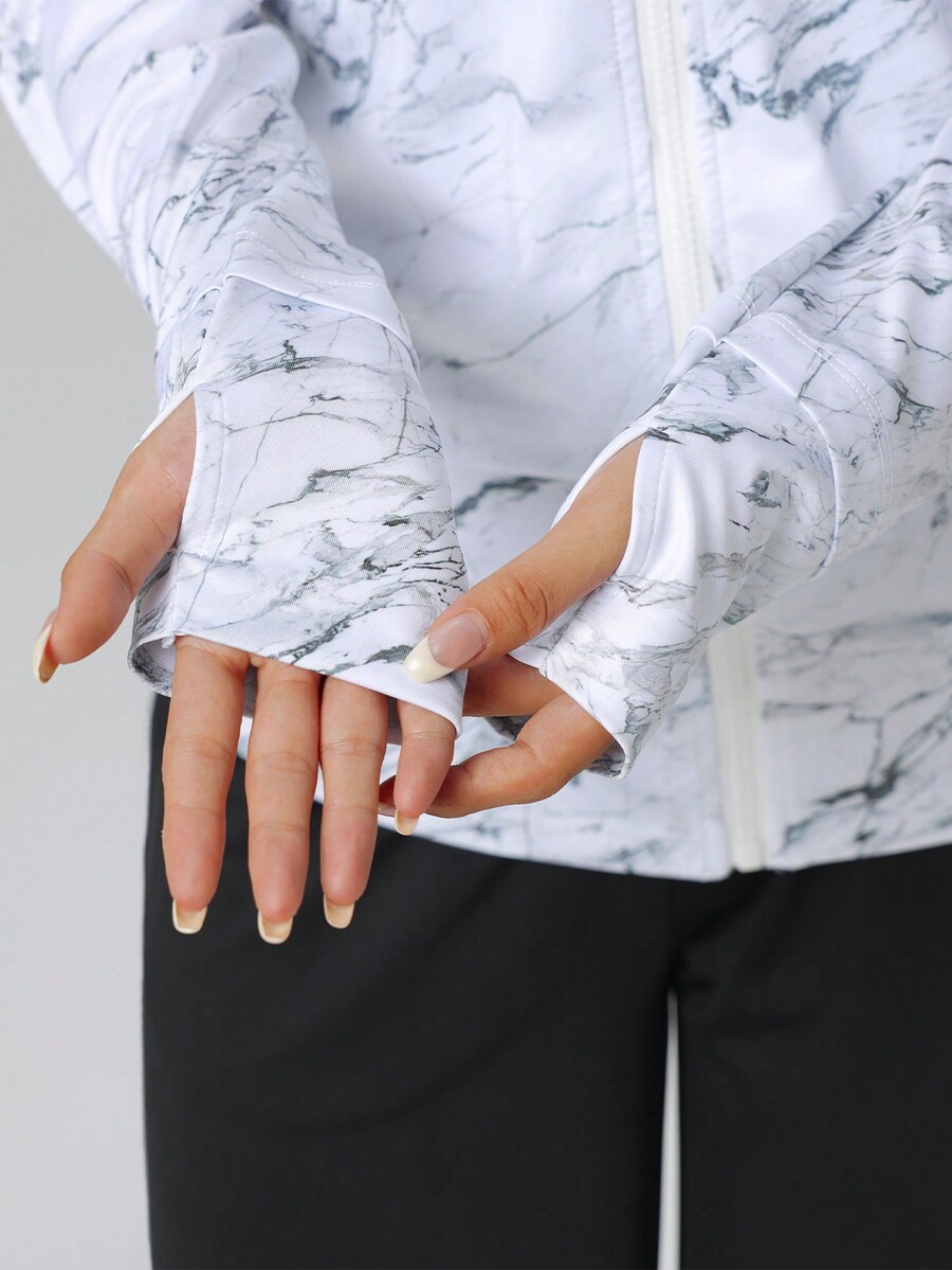 Women Casual Marble Print Long Sleeve Sports Jacket With Thumb Hole