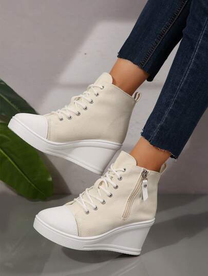 Women Canvas Platform Wedge High Heel Shoes With Zipper, Casual Elevator Shoes, New Style For Spring/Autumn, Japanese/British Design