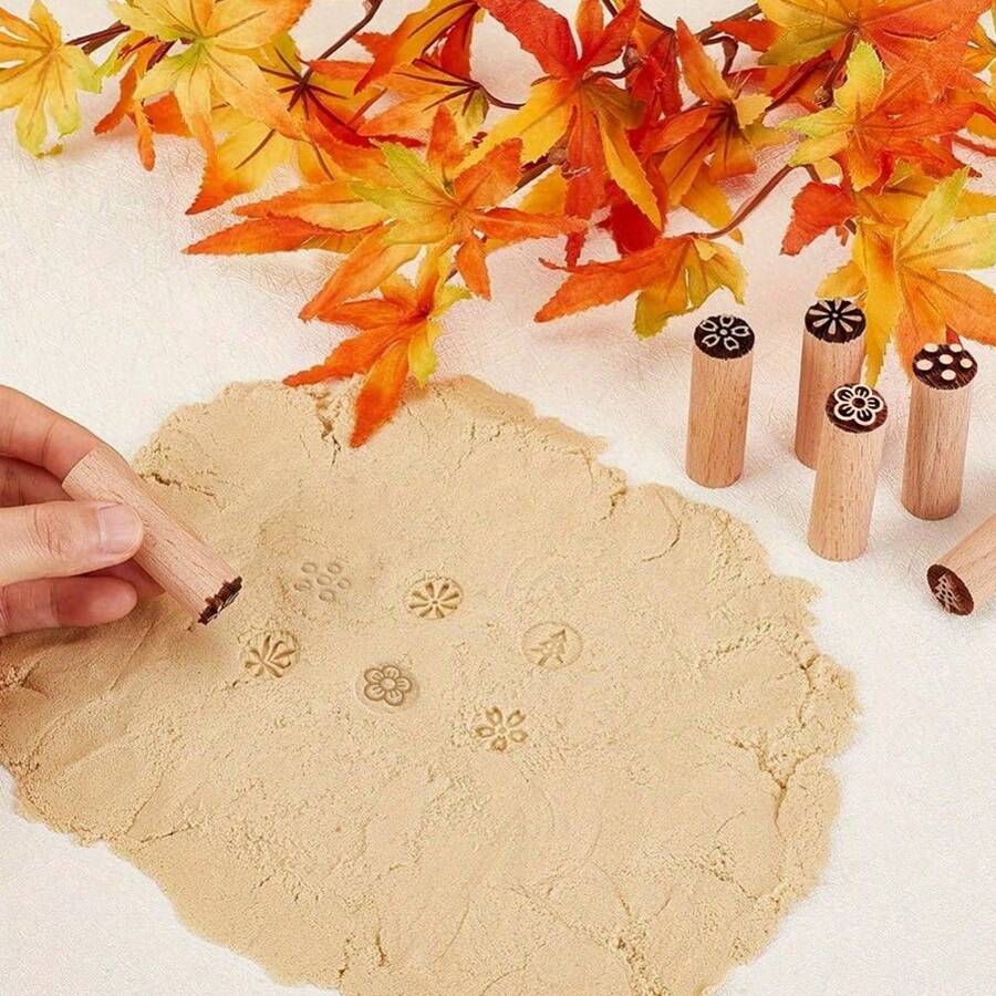Wooden Pottery Stamps Set Natural Clay Stampers With Floral And Tree