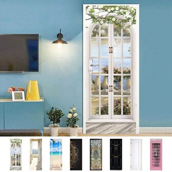 2 Piezas Pegatina de vinilo para puerta Adhesivo removible Paisaje Falsa vista de puerta Papel tapiz de puerta Pelar y pegar para decoración de dormitorio y sala de estar, Pegatinas, Decoración de pared, Pegatina de vinilo para decoración del hogar, Artículos de decoración de primavera para renovar tu hogar, Pegatinas de decoración de ramas, Regalos de cumpleaños y graduación