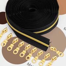 1set, 4.5m Length 3# Nylon Zipper With 10pcs Gold Tone Zipper Pulls, Suitable For Garments And Bags