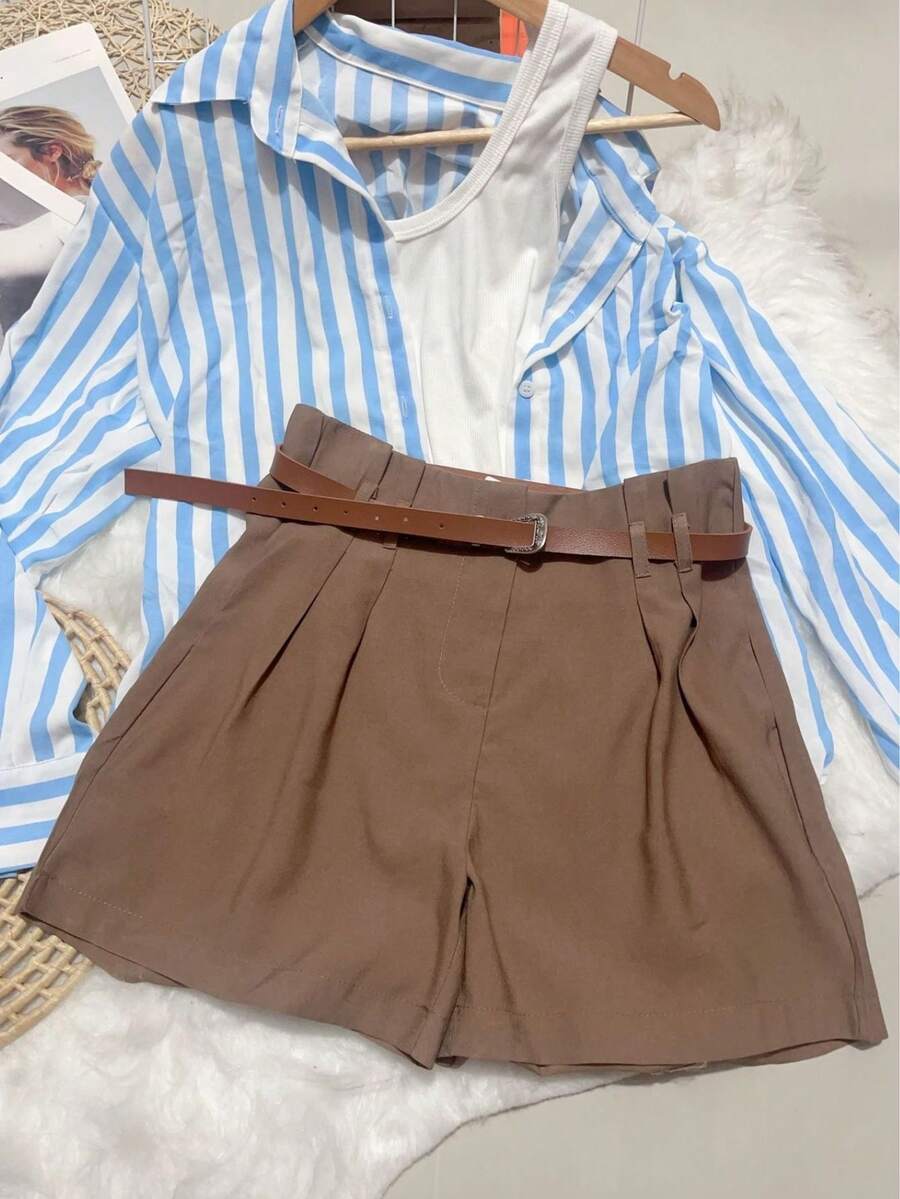 Women's Plain Marrant Shorts With Belt - Coffee Brown - View 1