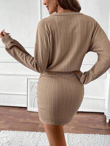 New V-Neck Textured Fabric Long Sleeve Bodycon Dress For Women - Camel - View 2