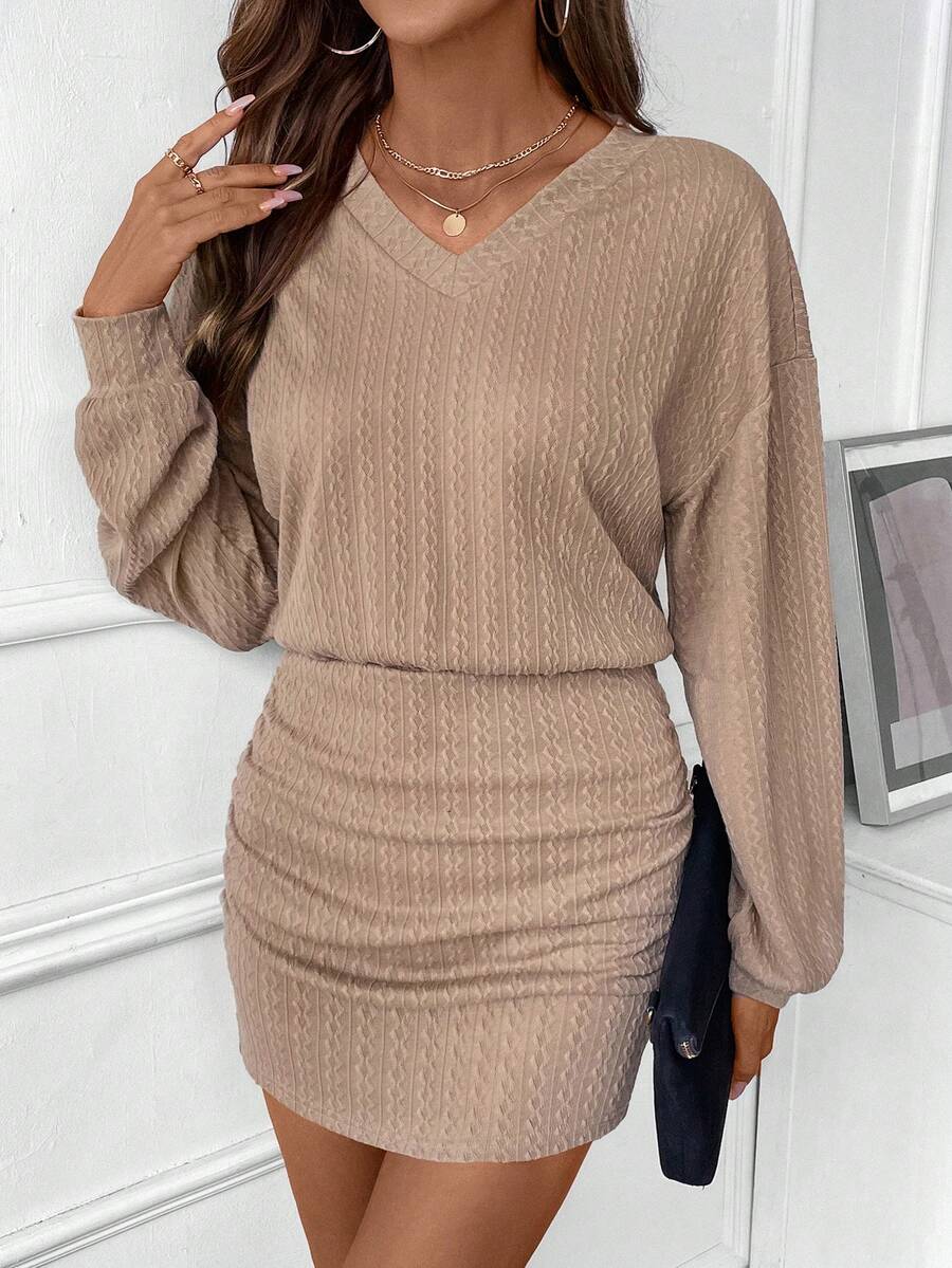New V-Neck Textured Fabric Long Sleeve Bodycon Dress For Women - Camel - View 1
