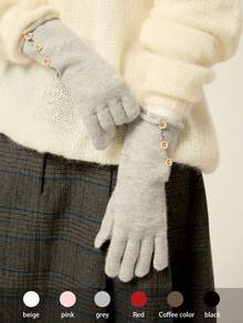 1 双新款复古纽扣点缀针织保暖手套，羊毛混纺触摸屏，适合女性，秋冬季 - 彩色 - 查看 19
