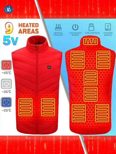 Men's Heated Vest With 9 Heating Zones, 3 Heat Settings, Battery Powered, Winter Warm